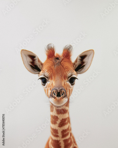 Baby giraffe portrait isolated on a light background. Giraffe cub. Cute animals. Close-up photo.