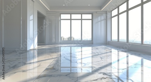Empty Room With Large Windows and Marble Floor