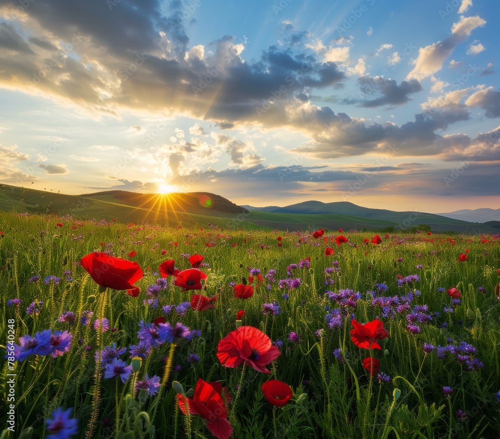 Field of Flowers With Setting Sun