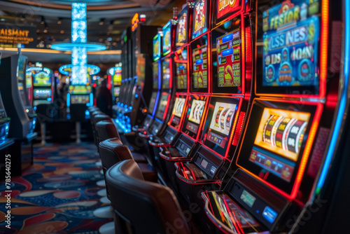 Row of Slot Machines in Vibrant Casino