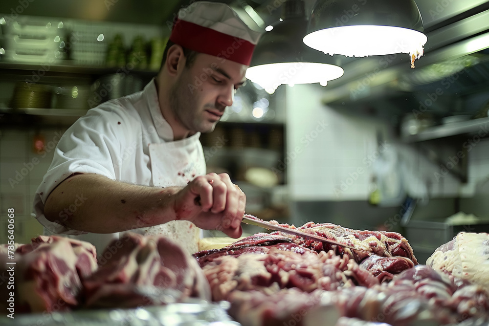 Butcher Preparing Meat Cuts in Kitchen