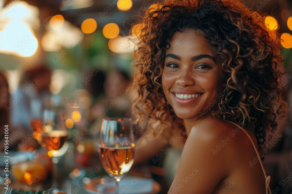 A joyful woman enjoying a social dinner with friends, with glasses of wine on the table in front A joyful woman enjoying a social dinner with friends, with glasses of wine on the table in front