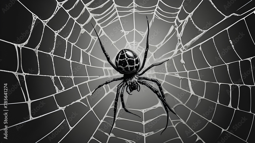 Obraz premium spider sits on a web on a black background. mystical black and white illustration
