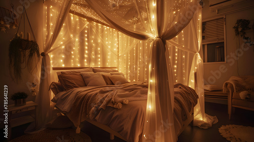 An enchanting bedroom with a canopy bed and fairy lights.