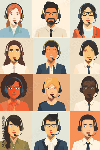 Diverse Call Center Customer Service Representatives Wearing Headsets, Providing 24/7 Online Technical Support and Assistance, Hotline Operators Ready to Help, Friendly and Professional, Vector Illust © Jane