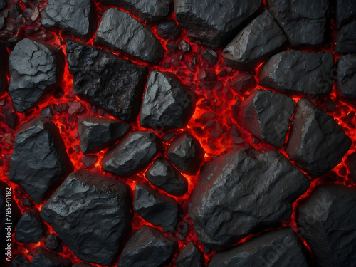 Burning coals and crack surface. Black and red rock stone background. Dark red horror scary background. Old wall texture cement black, red background design. Red grunge textured stone wall background.