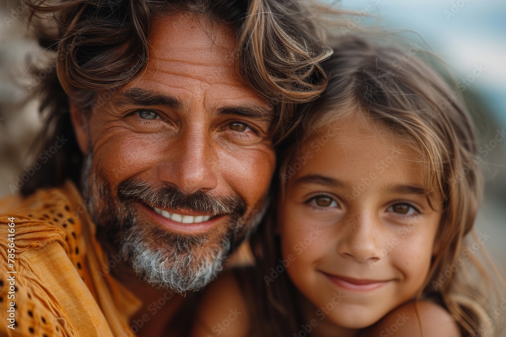 A sun-kissed father and daughter with wavy hair sharing a tender moment with genuine smiles and closeness A sun-kissed father and daughter with wavy hair sharing a tender moment with genuine smiles and closeness