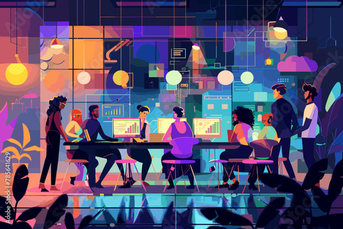 Diverse Group of Creative Professionals Collaborating on Innovative New Project, Brainstorming Ideas and Developing Strategies in Modern Office Setting, Vector Illustration