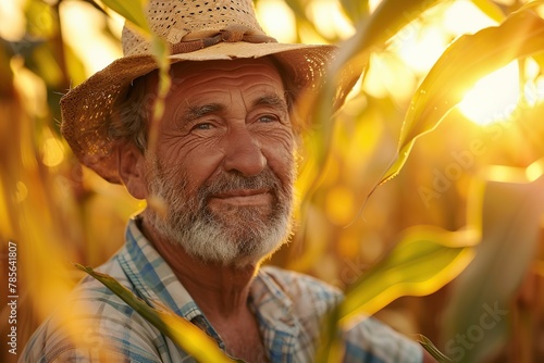 Senior farmer standing in corn field