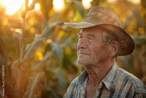 Senior farmer standing in corn field
