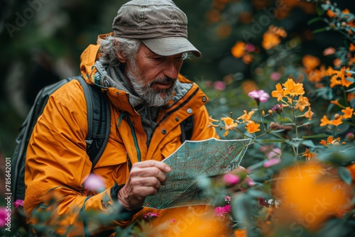 An outdoor enthusiast in bright orange gear focuses on a map amidst a vibrant field of spring flowers
