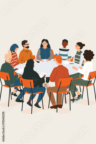 Diverse Multigenerational Group Engaged in Lively Discussion Conference, People of Different Ages Sitting Around Round Table, Sharing Ideas and Opinions, Collaboration and Teamwork, Vector Illustratio