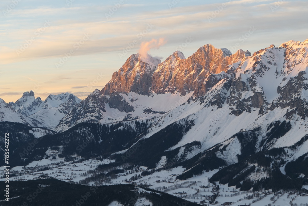Dachstein- snow covered mountains in sunset in Austria