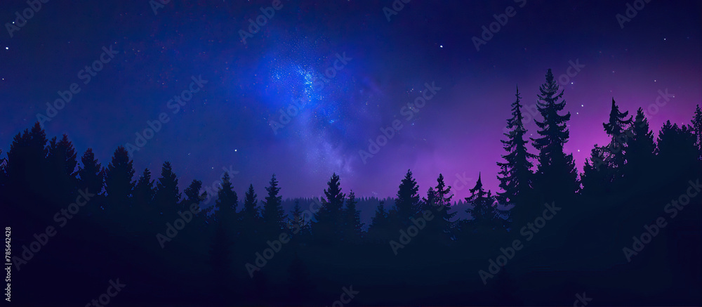 Dark, purple starry sky over the forest
