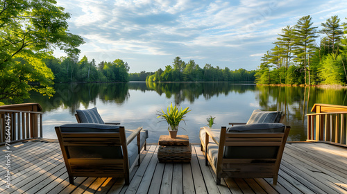 An expansive outdoor deck overlooking a serene lake with comfortable lounge furniture.