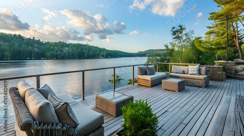 An expansive outdoor deck overlooking a serene lake with comfortable lounge furniture. photo