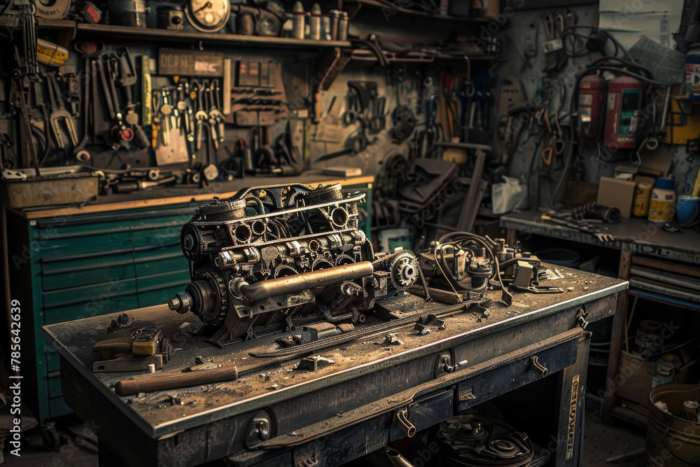 Car Engine on Workbench in Mechanic Shop