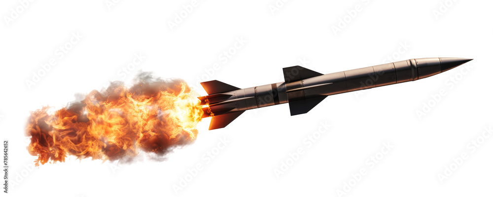 Naklejka premium A missile with fire trail isolated on transparent background.