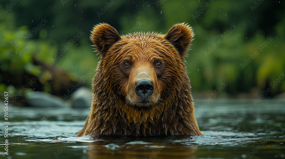 A brown bear, a powerful wild animal, swims in a river surrounded by nature A brown bear, a powerful wild animal, swims in a river surrounded by nature