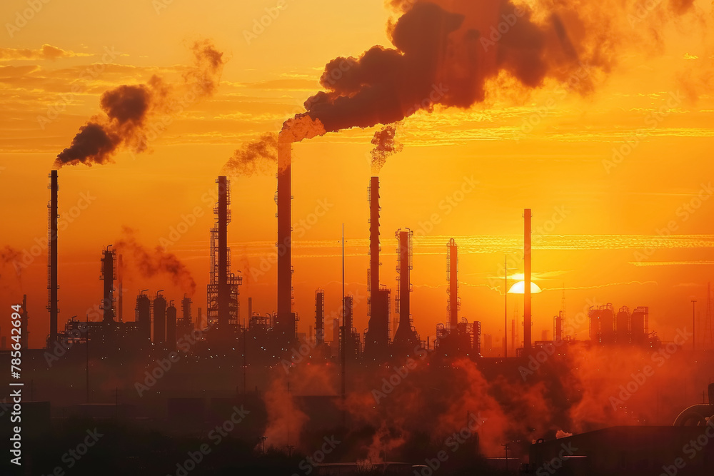 Sunset Over Industrial Silhouette of Oil Refinery