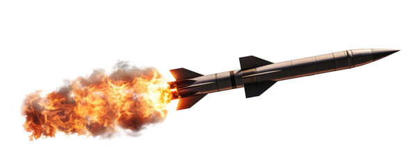 A missile with fire trail isolated on transparent background.
