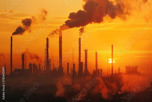 Sunset Over Industrial Silhouette of Oil Refinery