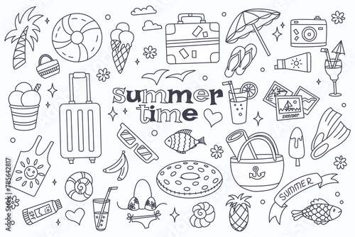 Hand drawn summer doodles. Set of summer elements. Collection of icons on the theme of holidays, vacations, travel