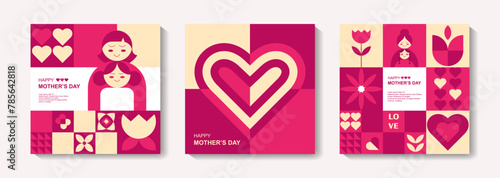 Set of Mother's Day poster, greeting card, banner, label, sale promotion template, cover in geometric style. Geometric print, pattern. Vector illustration.	