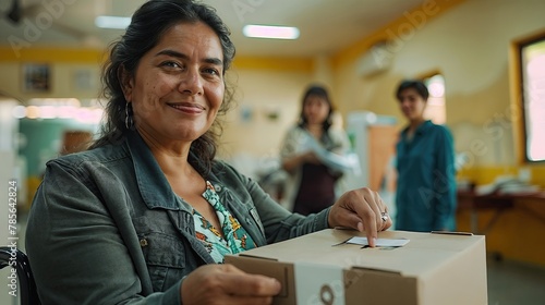 A positive woman participates in the voting process by casting her ballot at a polling station (ID: 785642824)