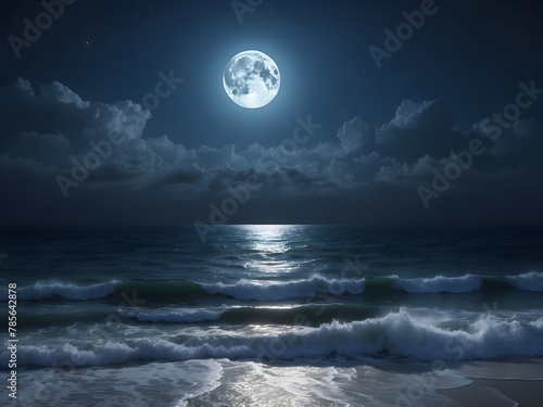 Captivating views include ocean waves of the crescent moon signalling the full moon rising over the empty ocean at night and background and wallpaper design.