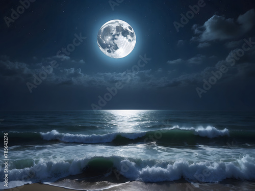 Captivating views include ocean waves of the crescent moon signalling the full moon rising over the empty ocean at night and background and wallpaper design.