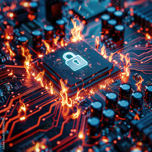 a burning firewall surrounding a padlock on a sophisticated circuit board, cybersecurity, malware attack, computer virus (ID: 785643296)