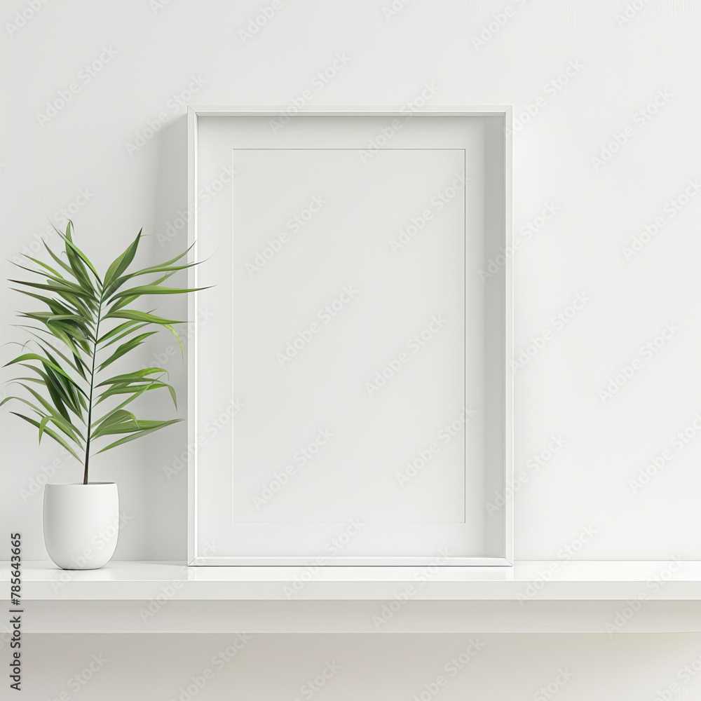 custom made wallpaper toronto digitalWhite empty frame on a white wall background next to a plant
