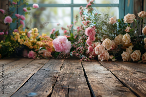 Rustic Wooden Table with Blooming Peonies and Roses by Window photo