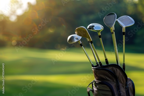 Golf clubs in modern bag on blurred green background photo