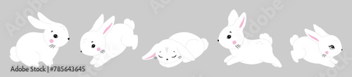 Cute white rabbit in various poses. Rabbit animal icon isolated on background. For Moon Festival, Chinese Lunar Year of the Rabbit, Easter decor. White Easter bunny, hare. Wild animals, baby animals
