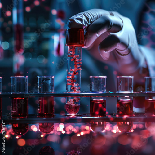 A focused scientist analyzing a blood sample surrounded by test tubes in a high-tech laboratory with red-hued lighting, suggesting research and discovery (ID: 785643674)