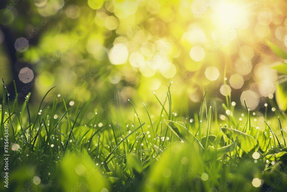 Vibrant Springtime Scene with Fresh Green Grass and Sunlight Rays, Nature's Renewal
