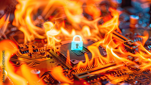 flames on a detailed motherboard, illustrating the concept of digital security under threat, malware, ransomware, computer virus, protection, security (ID: 785643845)