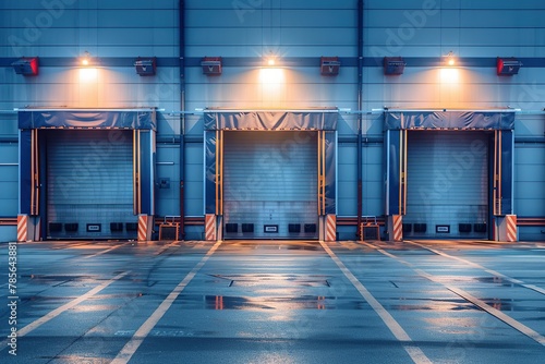 Row of loading doors in logistic warehouse building photo
