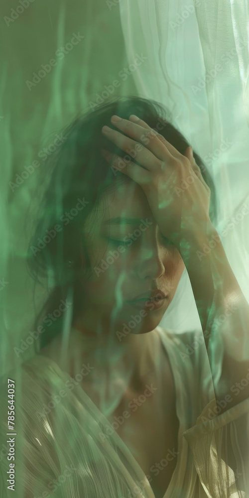 Ethereal Woman Behind Sheer Green Fabric with Sunlight Ethereal Woman Behind Sheer Green Fabric with Sunlight