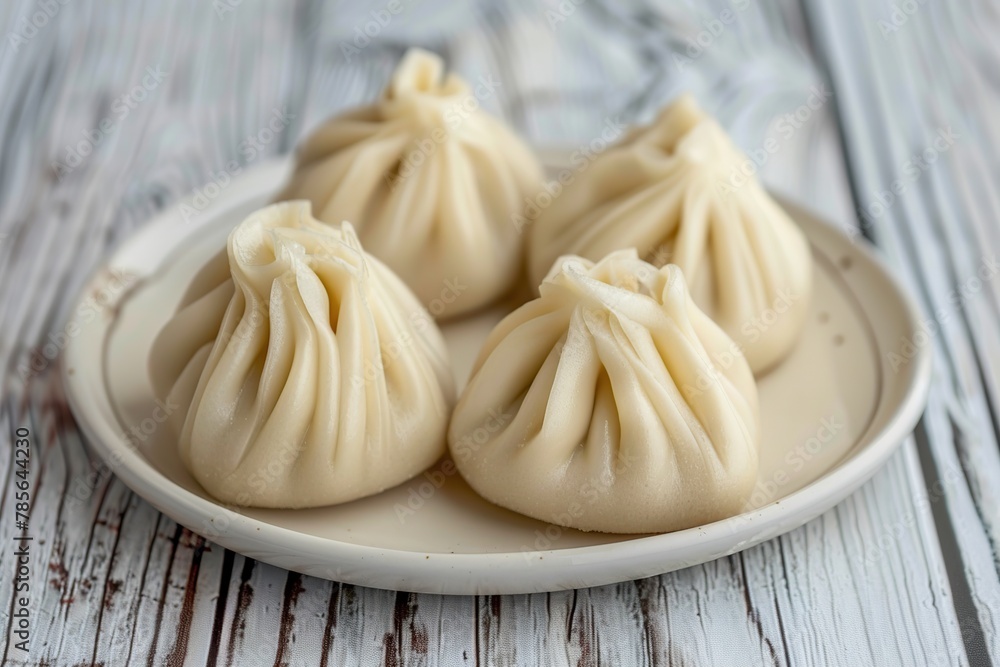 Homemade meat khinkali in plate on wooden table Homemade meat khinkali in plate on wooden table