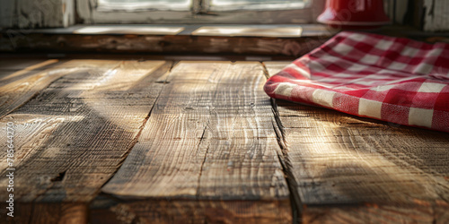 Cozy Rustic Kitchen Table with Sunlight and Red Gingham Cloth
