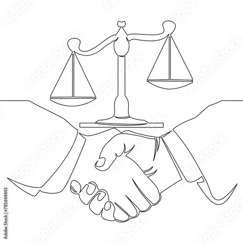 Continuous one single line drawing Client shakes hands with lawyer Legal services scales Advocate consultation Jurisprudence icon vector illustration concept
