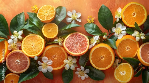 The essence of orange in a bright, botanical setting embodies a cheerful, energetic style, suggesting themes of health and freshness. This image is suitable for healthy lifestyle branding
