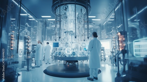 In a modern industrial facility, scientists and technicians work together on pharmaceutical and medical research.