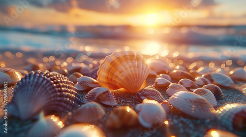 A widescreen image capturing the brilliant sunrise over a beach, illuminating a diverse array of seashells, perfect for themes of nature, tranquility, and oceanic life #785644652