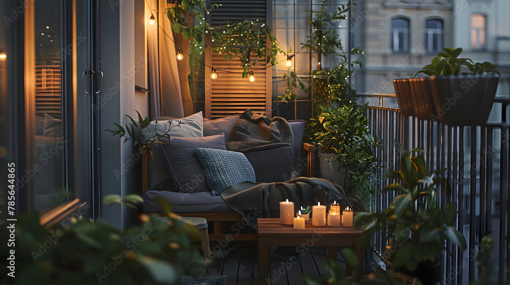 Obraz premium An intimate balcony garden with string lights and a small seating area.