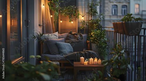 An intimate balcony garden with string lights and a small seating area.