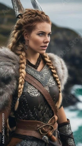 a close-up of a young woman with braided hair wearing a Viking warrio photo